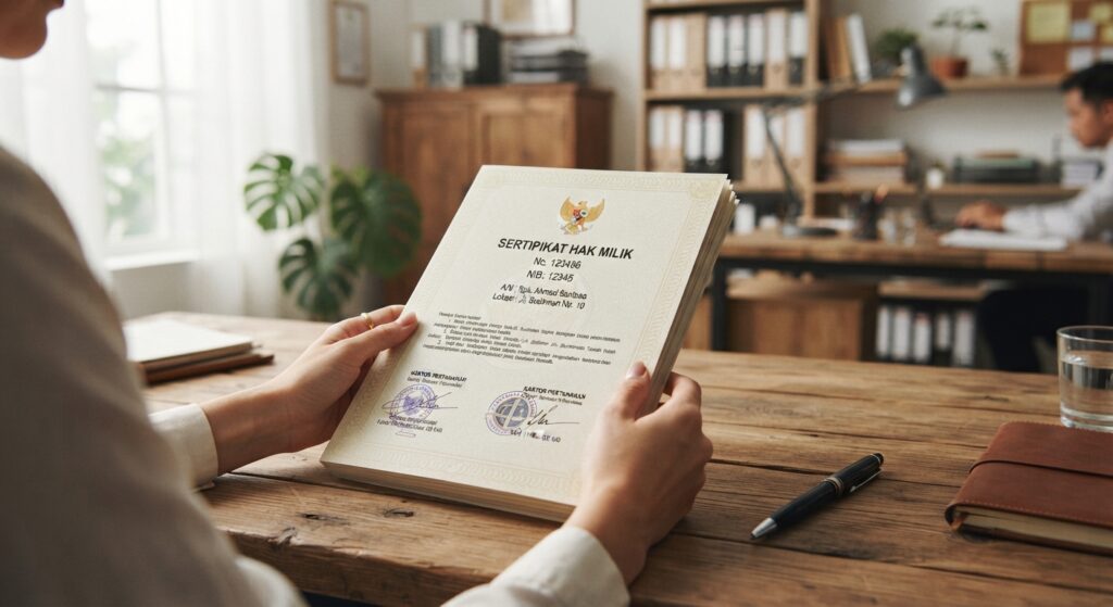 Dokumen sertifikat properti dan alat tulis di meja notaris untuk verifikasi legalitas
