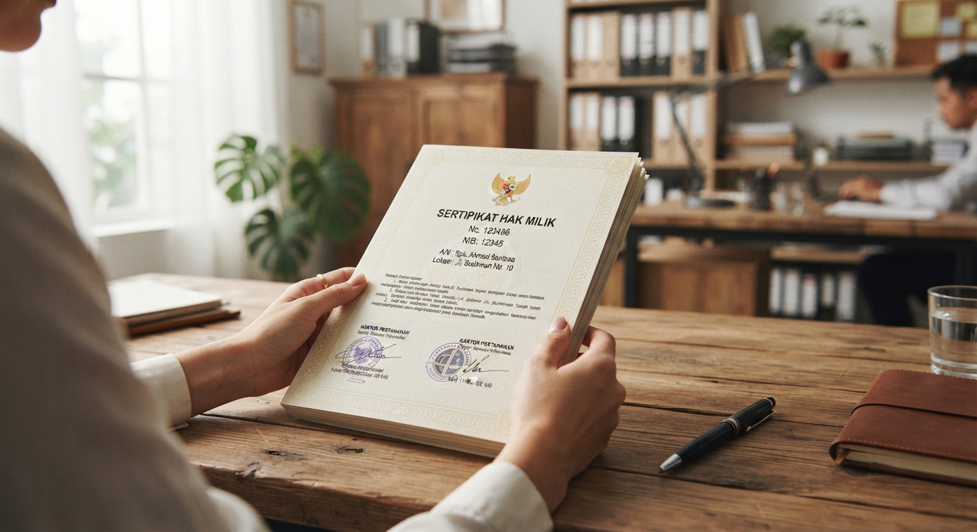 Dokumen sertifikat properti dan alat tulis di meja notaris untuk verifikasi legalitas