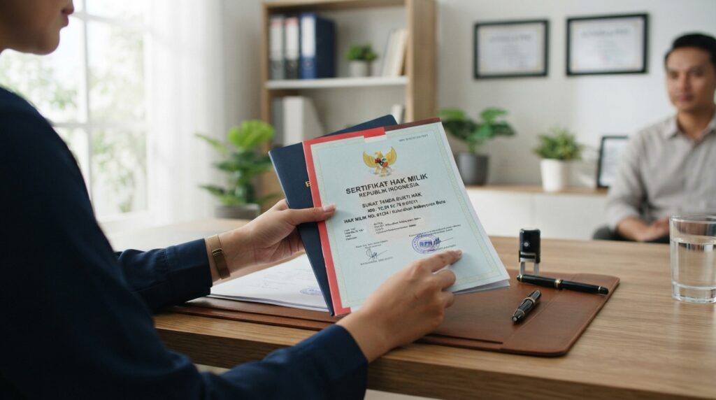 Seseorang sedang memeriksa dokumen legalitas rumah di meja kantor