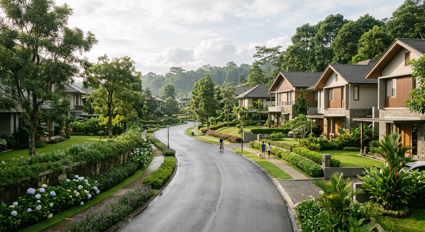 Kawasan hunian modern dengan taman dan jalanan yang tertata rapi