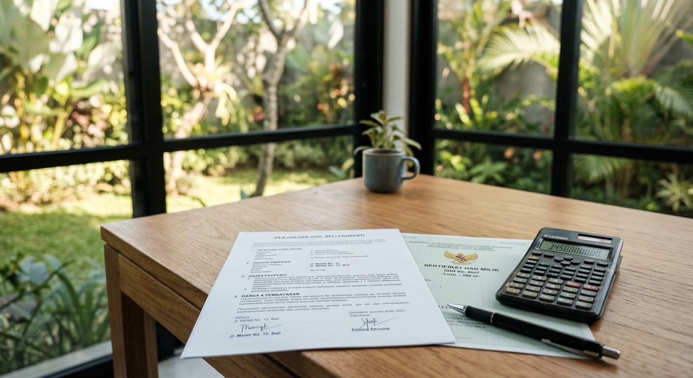 Kalkulator dan dokumen properti di atas meja untuk menghitung investasi villa di Bali