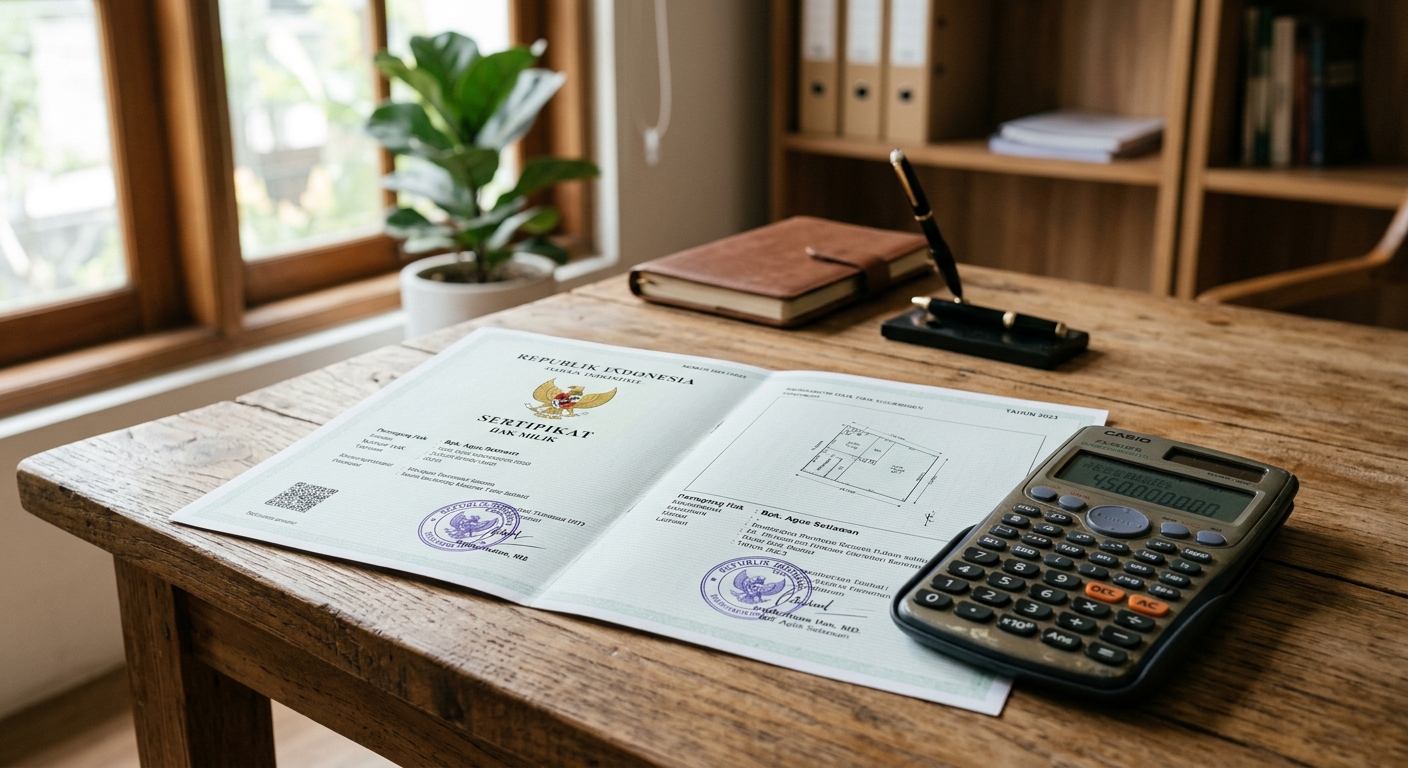 Dokumen properti dan kalkulator di atas meja sebagai ilustrasi penghitungan pajak BPHTB