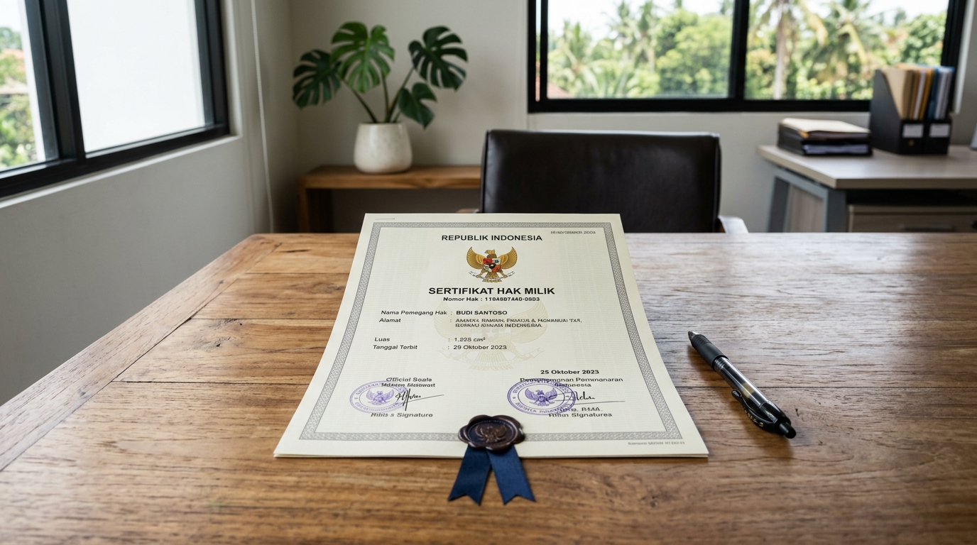Dokumen sertifikat rumah dan pena di atas meja untuk proses transaksi jual beli properti