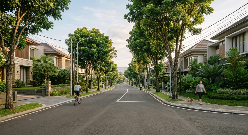Suasana jalan perumahan modern yang asri di Bandung pada pagi hari