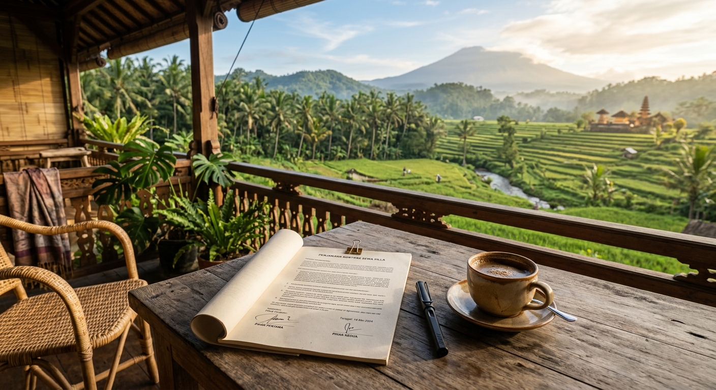 Dokumen kontrak dan properti di atas meja kayu dengan pemandangan tropis Bali.